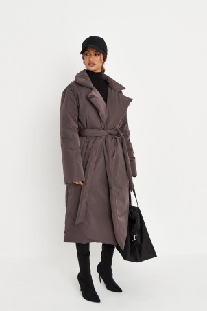MISSGUIDED chocolate padded duvet trench coat ~ womens brown on-trend tie waist coats ~ women’s fashionable winter coats - flipped