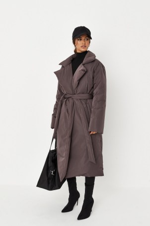 MISSGUIDED chocolate padded duvet trench coat ~ womens brown on-trend tie waist coats ~ women’s fashionable winter coats