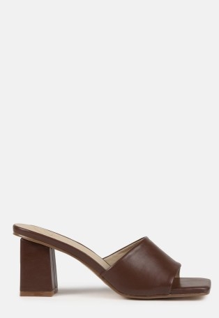 MISSGUIDED chocolate square toe block heel mule sandals / brown faux leather mules / chunky heels - flipped