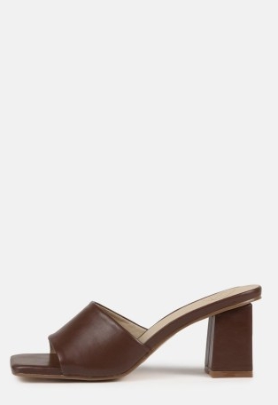 MISSGUIDED chocolate square toe block heel mule sandals / brown faux leather mules / chunky heels