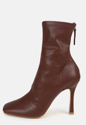 MISSGUIDED chocolate square toe stiletto heeled ankle boots / brown zip back faux leather high heel boots