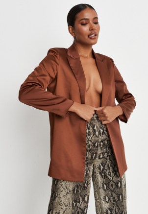 MISSGUIDED chocolate tailored satin blazer ~ on-trend brown open front ~ womens fashionable jackets - flipped