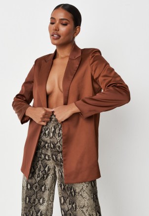 MISSGUIDED chocolate tailored satin blazer ~ on-trend brown open front ~ womens fashionable jackets