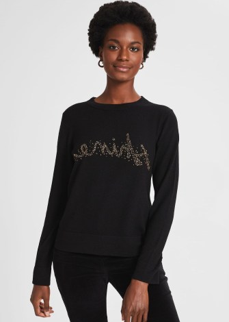 HOBBS CIANNA SHINE JUMPER WITH WOOL Black Gold / beaded slogan jumpers / womens bead embellished winter knitwear - flipped
