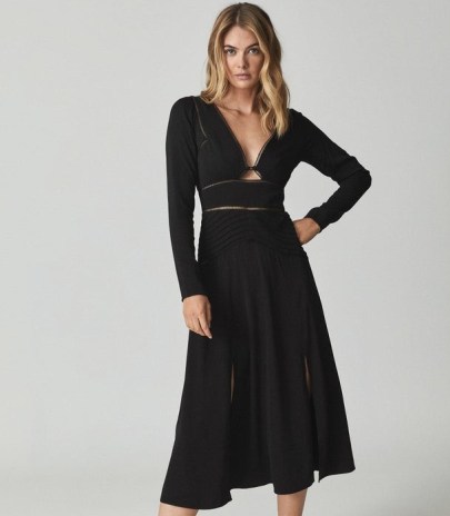 REISS CIARA LACE TRIMMED MIDI DRESS BLACK ~ split hem LBD ~ long sleeve front cut out fit and flare evening dresses - flipped