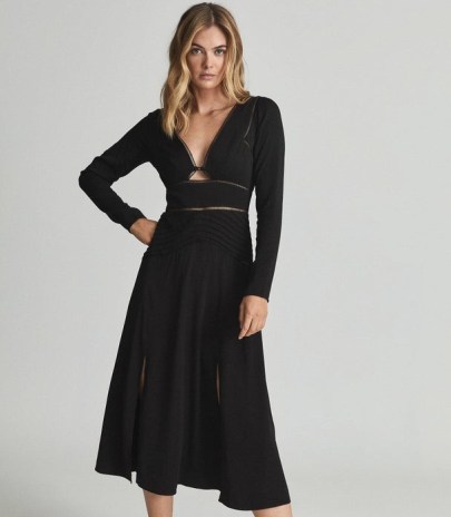 REISS CIARA LACE TRIMMED MIDI DRESS BLACK ~ split hem LBD ~ long sleeve front cut out fit and flare evening dresses
