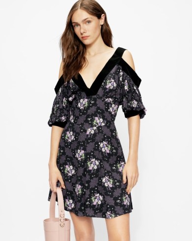LEILIA Cold shoulder mini dress in Black | plunge front V-neck floral dresses