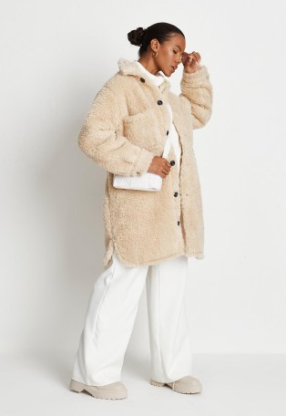 MISSGUIDED cream borg teddy mid length shacket ~ luxe style textured shackets ~ faux fur shirt style jackets - flipped