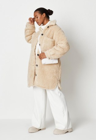 MISSGUIDED cream borg teddy mid length shacket ~ luxe style textured shackets ~ faux fur shirt style jackets