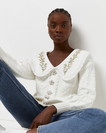 River Island Cream cable knit cardigan | floral oversized collar cardigans | feminine knitwear - flipped