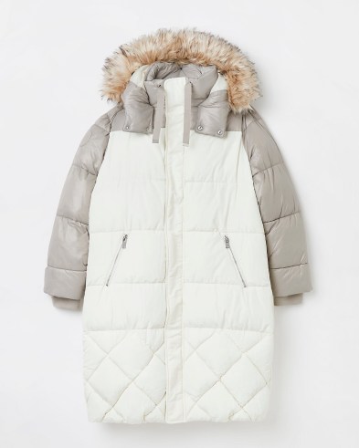 RIVER ISLAND Cream colour block quilted puffer coat ~ womens longline padded colourblock coats ~ women’s on-trend hooded outerwear ~ faux fur trim hood - flipped