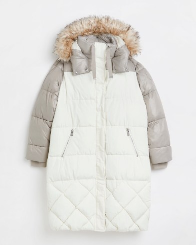 RIVER ISLAND Cream colour block quilted puffer coat ~ womens longline padded colourblock coats ~ women’s on-trend hooded outerwear ~ faux fur trim hood