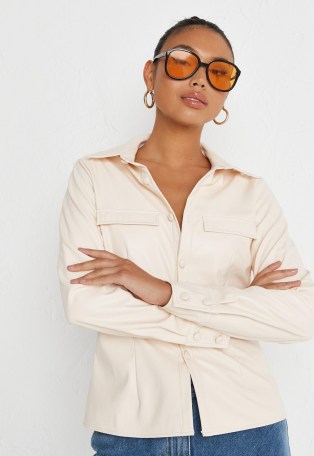 MISSGUIDED cream faux leather slim fit shirt – womens luxe style on trend shirts - flipped