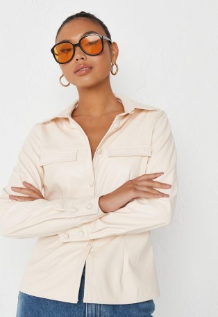 MISSGUIDED cream faux leather slim fit shirt – womens luxe style on trend shirts