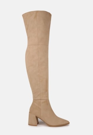 MISSGUIDED cream faux suede pointed toe over the knee block heel boots / womens neutral long boots - flipped