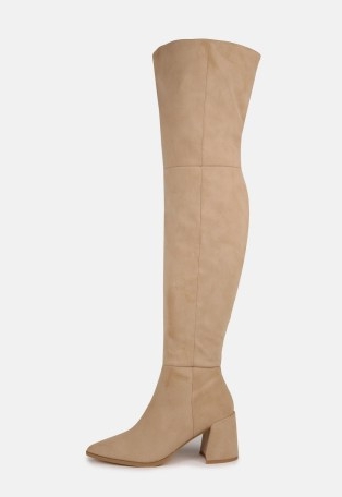 MISSGUIDED cream faux suede pointed toe over the knee block heel boots / womens neutral long boots
