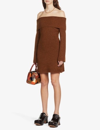 CULT GAIA Sophie off-the-shoulder knitted mini dress in henna melange | brown tone bardot dresses | on trend knitwear