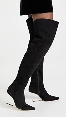 Cult Gaia Yasmina Boots in Black Suede ~ sculpted cut out heel over the knee boots - flipped