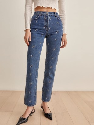 Reformation Dice Embroidery High Rise Straight Jeans | blue embroidered denim - flipped