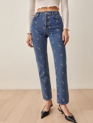 Reformation Dice Embroidery High Rise Straight Jeans | blue embroidered denim