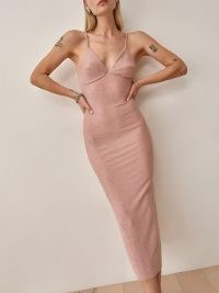 REFORMATION Disco Dress in Rose Sparkle ~ light pink skinny strap metallic jersey evening dresses ~ glamorous party fashion