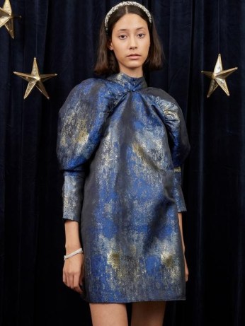 sister jane Galaxy Jacquard Mini Dress Blue and Gold – metallic puff sleeve high neck dresses – celestial inspired party fashion - flipped