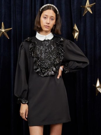 sister jane Nova Sequin Mini Dress Black – frill trimmed LBD