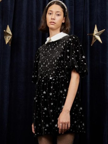 sister jane WRITTEN IN THE STARS Zodiac Velvet Mini Dress Black – metallic silver star covered LBD - flipped