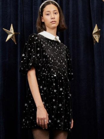 sister jane WRITTEN IN THE STARS Zodiac Velvet Mini Dress Black – metallic silver star covered LBD