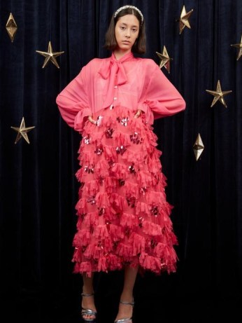 sister jane Infinite Ruffle Midi Dress Fushia / bright pink vintage style occasion dresses / shimmering party fashion