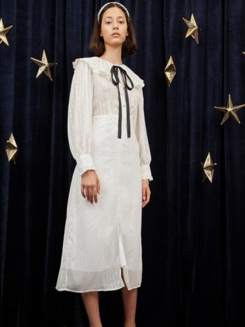 sister jane Twinkle Sky Midi Dress Ivory / semi sheer metallic thread dresses / vintage oversized collar fashion