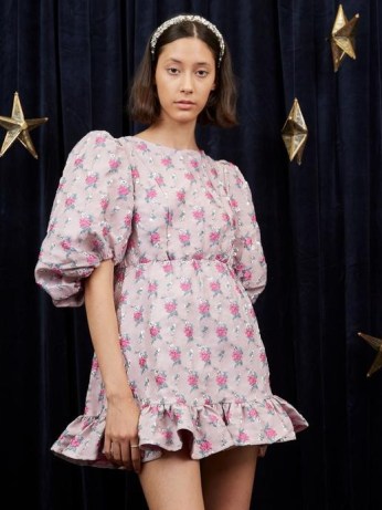 sister jane Saiph Jacquard Mini Dress Candy Pink / romantic floarl puff sleeve dresses / ruff hem / open back