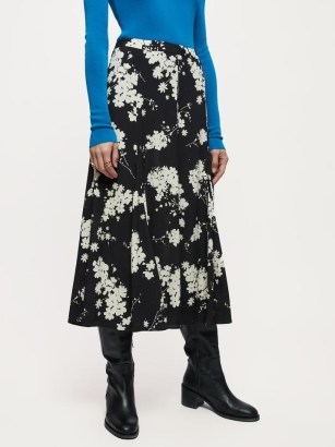 JIGSAW Eclipse Floral Midi Skirt Black – draped hem skirts - flipped
