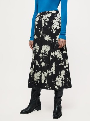 JIGSAW Eclipse Floral Midi Skirt Black – draped hem skirts