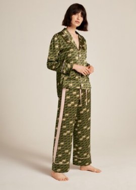 Me and Em Eco Silk Horse Print Pyjama Set + Pouch in Olive/Navy/Pink ~ women’s green animal print pyjamas ~ womens luxe nightwear sets ~ PJs - flipped