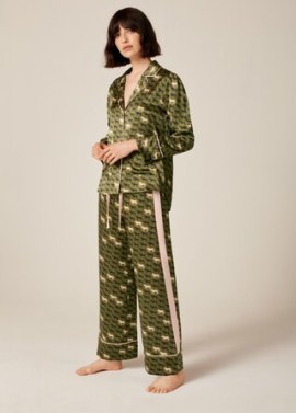Me and Em Eco Silk Horse Print Pyjama Set + Pouch in Olive/Navy/Pink ~ women’s green animal print pyjamas ~ womens luxe nightwear sets ~ PJs