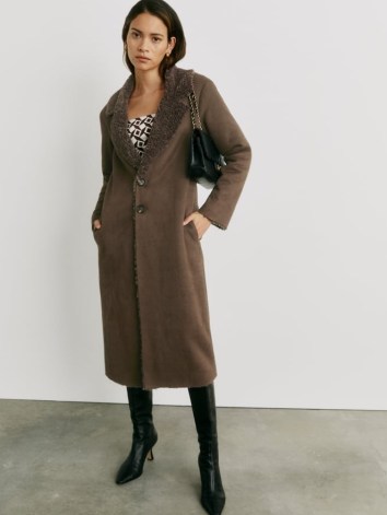 REFORMATION Edythe Coat in Chocolate ~ chic brown faux suede coats ~ faux shearling collar ~ womens stylish winter outerwear - flipped