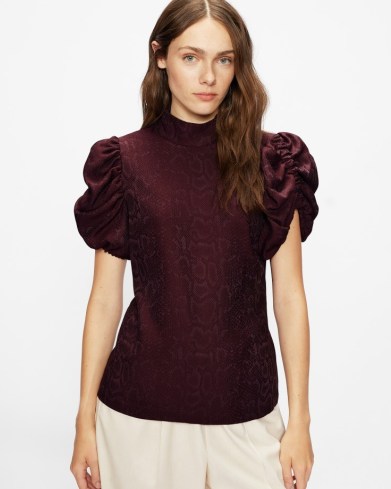 Ted Baker KALMIIA Exaggerated sleeve snake top in Deep Purple | ruched short puff sleeve high neck tops | animal and reptile print fashion - flipped