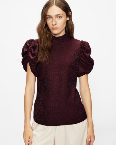 Ted Baker KALMIIA Exaggerated sleeve snake top in Deep Purple | ruched short puff sleeve high neck tops | animal and reptile print fashion