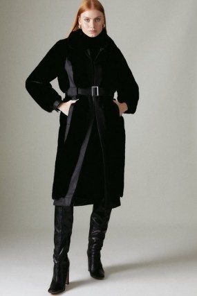 KAREN MILLEN Faux Fur Pu Mix Belted Coat / women’s glamorous black coats / winter glamour / womens luxe style outerwear - flipped