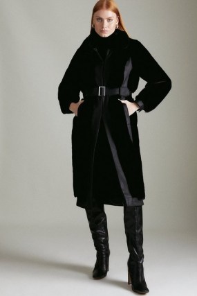 KAREN MILLEN Faux Fur Pu Mix Belted Coat / women’s glamorous black coats / winter glamour / womens luxe style outerwear