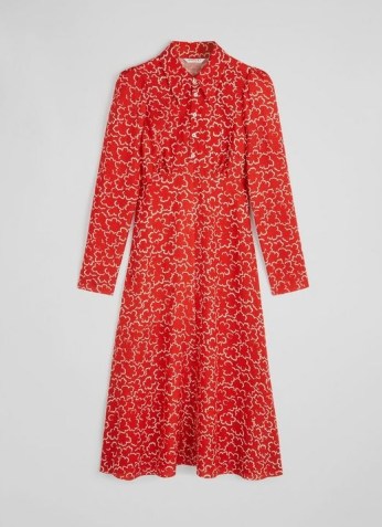 L.K. BENNETT FERGUSON RED MULTI WOOL VISCOSE DRESS / long sleeve pointed collar midi dresses - flipped