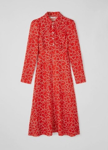 L.K. BENNETT FERGUSON RED MULTI WOOL VISCOSE DRESS / long sleeve pointed collar midi dresses