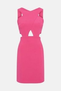 Karen Millen Figure Form Crepe Cross Woven Mini Dress ~ sleeveless hot pink cut out evening dresses ~ glamorous cut out party fashion