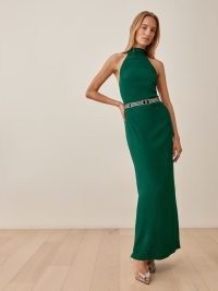 REFORMATION Filippa Dress in Emerald ~ glamorous green halterneck maxi occasion dresses ~ evening glamour ~ halter neck event wear