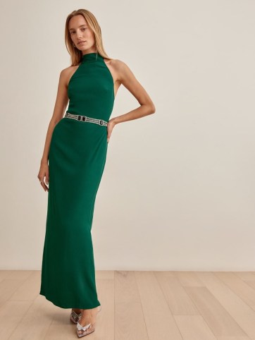 REFORMATION Filippa Dress in Emerald ~ glamorous green halterneck maxi occasion dresses ~ evening glamour ~ halter neck event wear - flipped