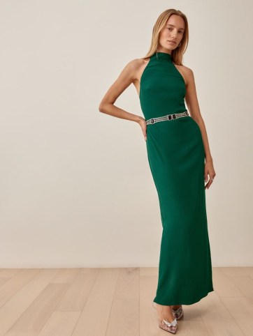 REFORMATION Filippa Dress in Emerald ~ glamorous green halterneck maxi occasion dresses ~ evening glamour ~ halter neck event wear
