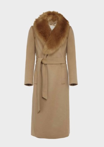 HOBBS FLEUR WOOL COAT WITH FAUX FUR COLLAR in Camel / womens classic winter tie waist wrap coats - flipped