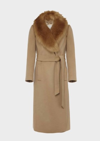 HOBBS FLEUR WOOL COAT WITH FAUX FUR COLLAR in Camel / womens classic winter tie waist wrap coats