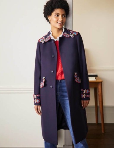 BODEN Floral Embroidered Coat Navy Embroidered ~ feminine dark blue wool blend coats - flipped
